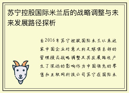 苏宁控股国际米兰后的战略调整与未来发展路径探析 苏宁控股国际米兰后的战略调整与未来发展路径探析